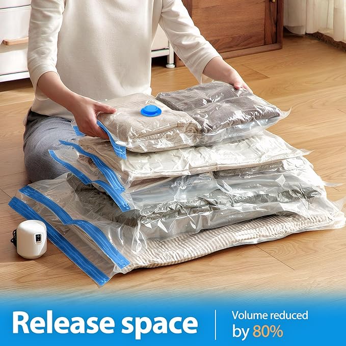 11 Pack Travel Vacuum Storage Bags with Electric Pump, 2 Jumbo+2 Large+3 Medium+4 Small Vacuum Sealer Bags, 80% Space Saver Bags for Luggage, Comforters,Blankets, Travel Essentials