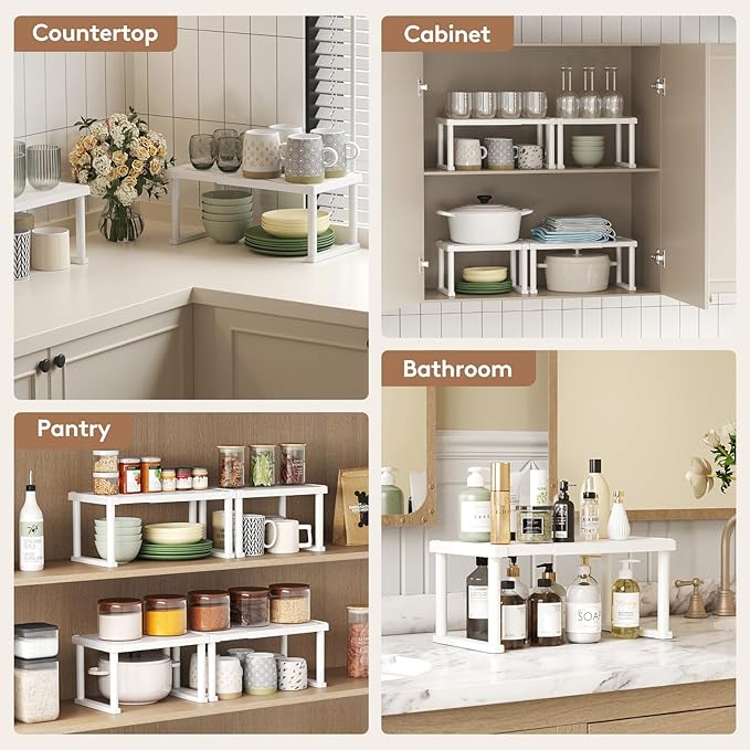 Lifewit Cabinet Shelf Organizer, Expandable Countertop Kitchen Shelves, Plastic Shelf Riser for Pantry Kitchen Storage and Spice Rack, Set of 4, White