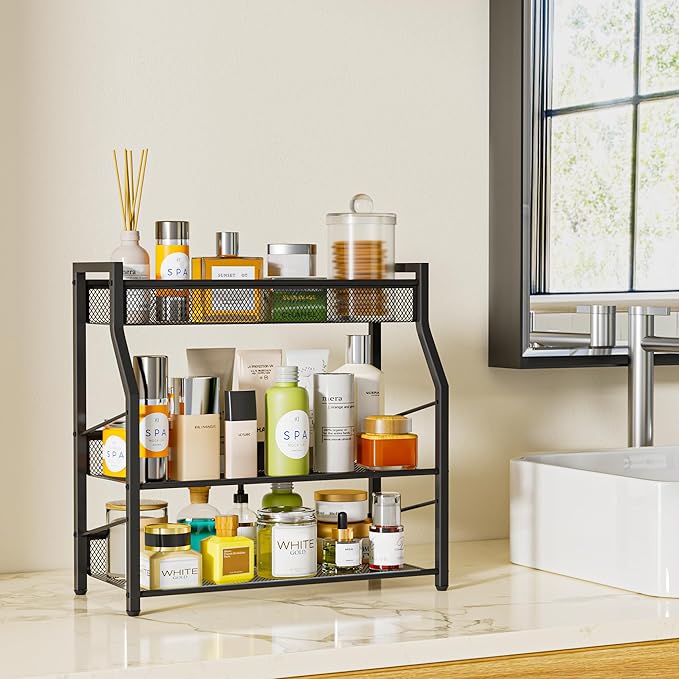 Dunatou 3 Tier Spice Rack, Kitchen Storage Organizer Shelf for Countertop, Metal Seasoning Storage Shelf with Guardrail and Mesh Design for Kitchen, Countertop, Dining Room, Black