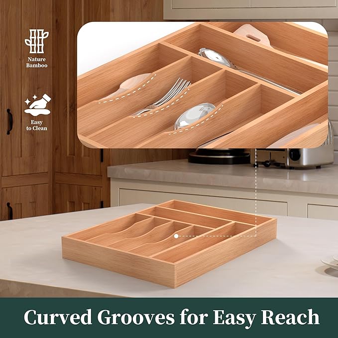 Bamboo Silverware Organizer, Kitchen Drawer Organizer, Utensil Holder, Cutlery Tray & Spoon Flatware Storage with Grooved Drawer Dividers (7 Slots, Natural)