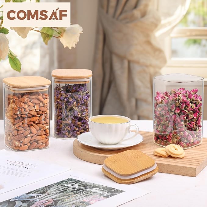 ComSaf 37oz Glass Storage Containers with Lids, Glass Jars with Lids, Clear Food Storage Jar, Square Glass Canister Set of 9, Pantry Organizers and Storage for Cookie Flour Oat Pasta Tea Coffee Bean