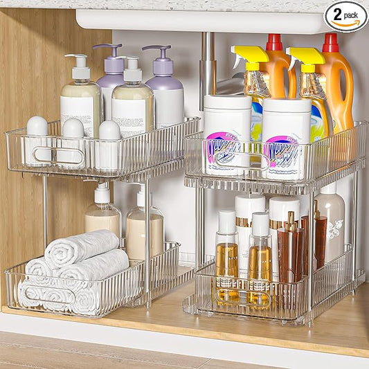 Fowooyeen 2 Pack Bathroom Cabinet Organizer, 2 Tier Pull Out Clear Under Sink Organizers and Storage, Multi-Purpose Kitchen Pantry Medicine Organization and Storage Shelves Bins with Movable Dividers