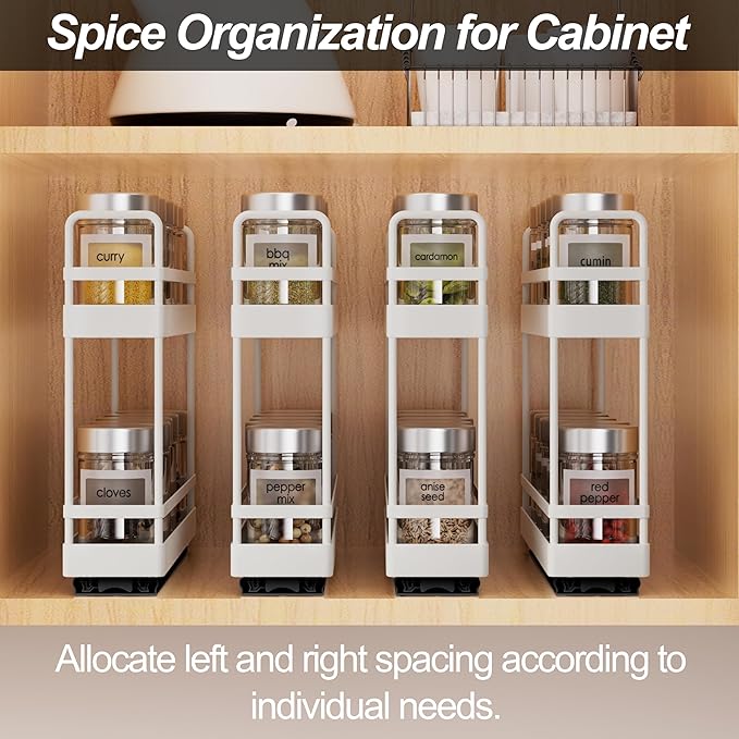 Finnhomy Pull Out Spice Racks for Inside Cabinets, Whole Metal Manufacturing, Vertical Spice Rack Pull Out, Spice Organizer, 2.16" W × 10.39" D × 9.76" H, 2 Drawers & 2 Tiers, 2 Pack, Light Gray