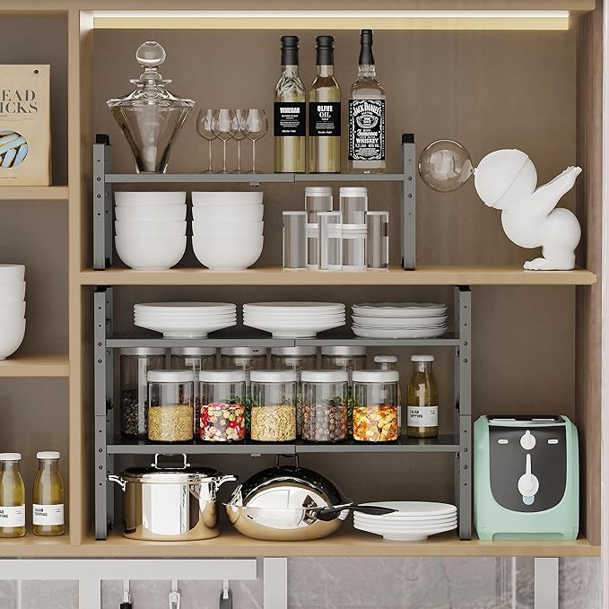 Expandable Shelf for Cabinet Organizer Adjustable Stackable Spice Rack at Kitchen and Bathroom More, Counter Countertop Cupboard Organization Pantry Storage (1 Pack/Gun-Grey, Medium)