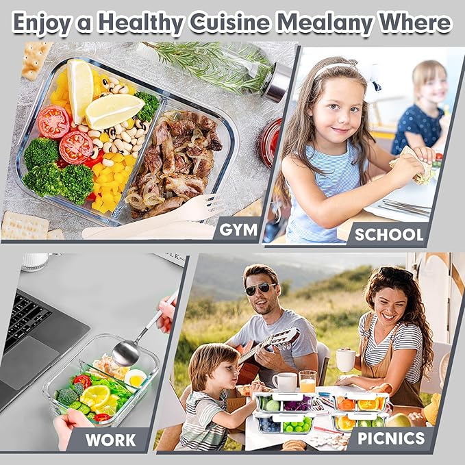 VERONES 5 Pack Glass Meal Prep Containers 2 Compartment Set, 36OZ Airtight Glass Lunch Containers, Food Storage Containers with Lids, for Microwave, Oven, Freezer & Dishwasher Friendly,White