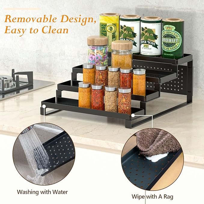 4-Tier Spice Rack Organizer Spice Shelf, Sturdy Seasoning Organizer Spice Storage Metal Riser Shelf, Pantry Kitchen Spice Holder Stand Step Rack Easy See all Canned Spice Jars, Black