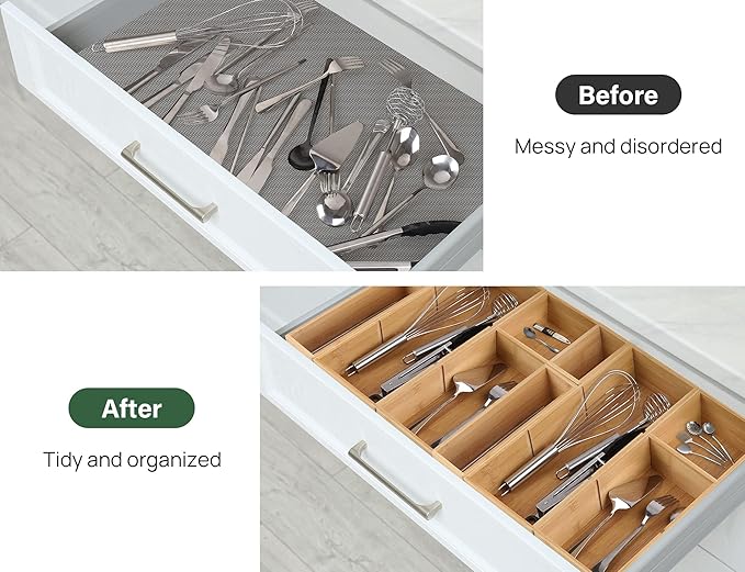 Kootek 6 Pcs Bamboo Drawer Organizer, Kitchen Utensils Storage Boxes 3-Size with Removable Dividers Multi-Use for Gadget, Makeup, Bathroom, Office