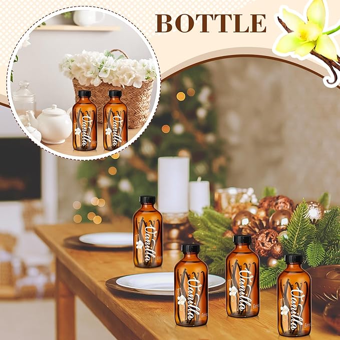 Uiifan 12 Pack 4 oz Amber Glass Bottle Boston Round Bottles with Caps Brown Vanilla Extract Bottles High Temperature Screen Printing for Syrup Gift Glass Food Storage Canister Set Sauce Beans