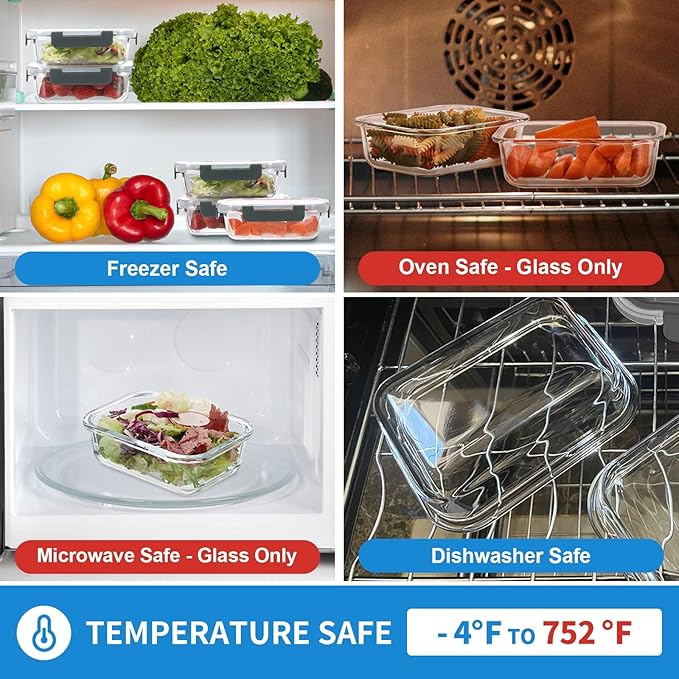 Glass Meal Prep Containers 12-Pack, 22oz Glass Food Storage Containers with Lids, Air-Tight, Leak-Resistant, Freezer to Microwave Safe-Grey Set