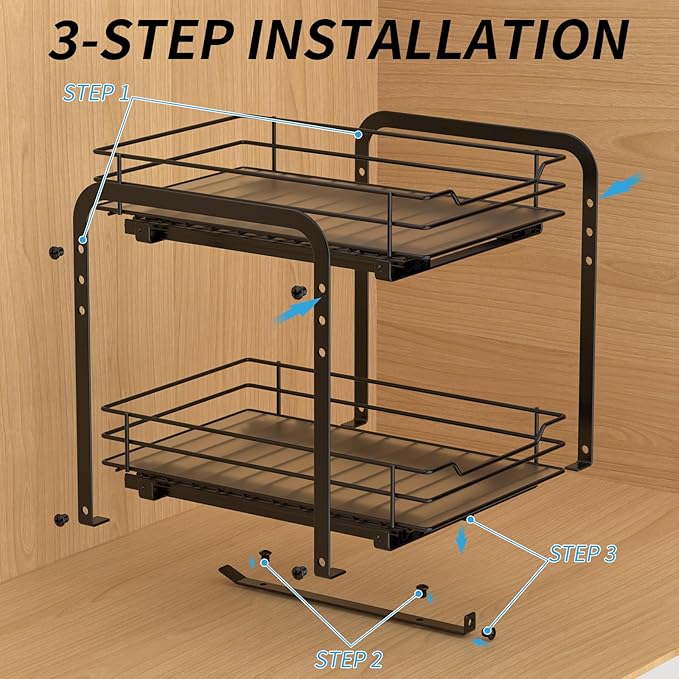 2-Tier Spice Rack, Pull Out Cabinet Organizer Spice Racks Height Adjustable Heavy Duty Metal Basket for Inside Cabinets & Pantry Closet(9.5''Wx10.5''Dx9.5''H)