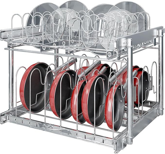 TQVAI Pots and Pans Organizer Expandable Pot Lid Holder Pull Out Kitchen Cabinet Organizer Sliding Pantry Shelves, Cabinet Request at Least 23.5" W x 23.5" D x 23.5" H, Chrome