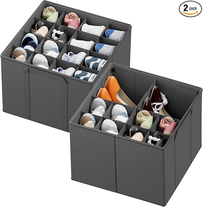 SpaceAid Shoe Organizer for Closet, 2 Pack Foldable Shoe Storage Containers Baskets Boxes Bins w/Adjustable Dividers, Fits 16-32 Pairs, Grey