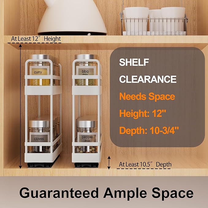 Finnhomy Pull Out Spice Racks for Inside Cabinets, Whole Metal Manufacturing, Vertical Spice Rack Pull Out, Spice Organizer, 2.16" W × 10.39" D × 9.76" H, 2 Drawers & 2 Tiers, 2 Pack, Light Gray
