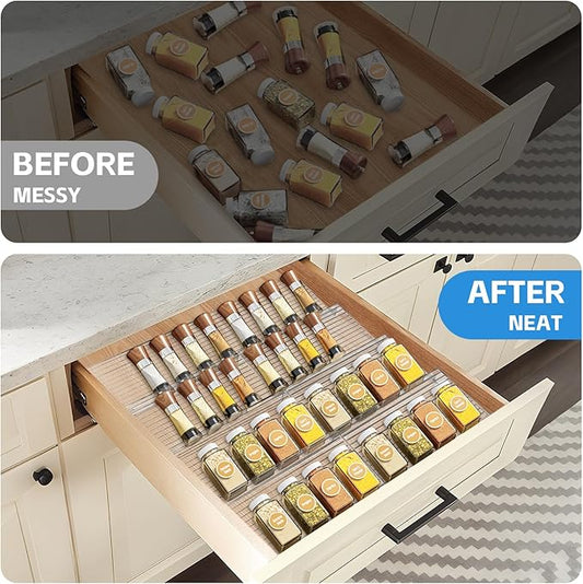 Clear Acrylic Spice Drawer Organizer, 4 Tier- 8 Pcs Spice Organization for Cabinet, Seasoning Organizer, Spice Rack for Drawer, Spice Drawer Expandable From 11'' to 22''