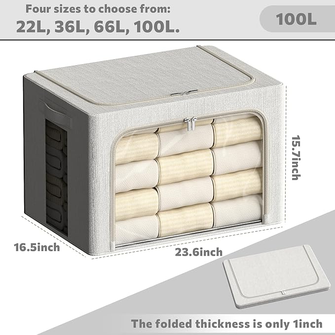 2 Pack Clear Window Storage Bins Large Stackable Linen Fabric Storage for Clothes Foldable Container Organizer Set with Carrying Handles (Lvory White, 23.6x 16.5x 15.7 Inch)