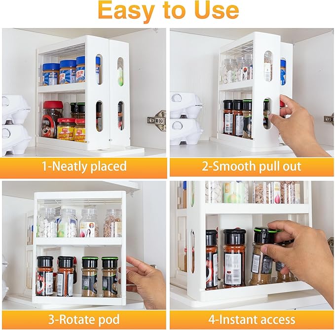 Spice Rack Organizer 3 tier Seasoning Holder, Pull and Rotated Storage Cabinet for Kitchen Bathroom Countertop 10.8”H x 5.8”W x 10.4”D (Creamy White)