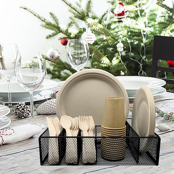 Metal Paper Plate Holder - Utensil Silverware Caddy for Kitchen Counter Cabinet Cutlery Flatware Organizer Storage Dispenser Box for Plastic Spoon Fork Plates Napkins Cup Party Camping Black