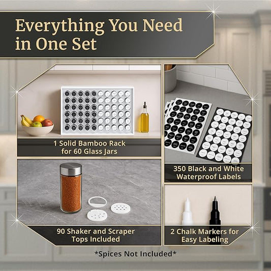 BOURBON & BARREL Wooden Spice Rack Organizer with Glass Jars | Stainless Steel Lids | Bamboo Countertop Spice Organization | 350 Waterproof Spice Labels | 2 Chalk Markers | 60 4oz Jars [White]