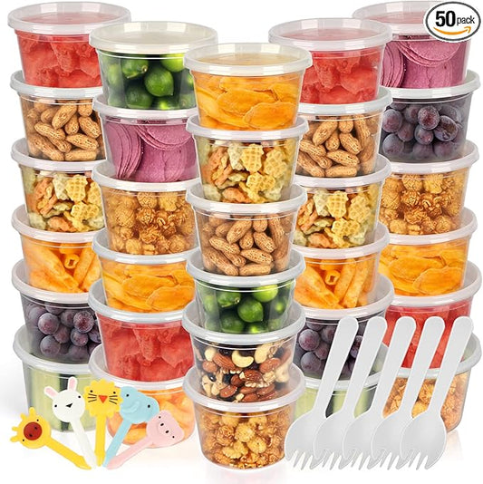 [50 Pack, 16oz] Food Storage Containers with Lids - BPA-Free | Airtight | Stackable Plastic Deli Containers (Includes 10 Spoons & 10 Forks), Dishwasher, Microwave & Freezer Safe
