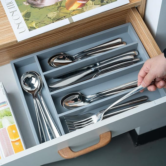 Silverware Organizer Bamboo Kitchen Drawer Organizer, Flatware Organizer Tray for Kitchen, Flatware, Utensils（Gray）