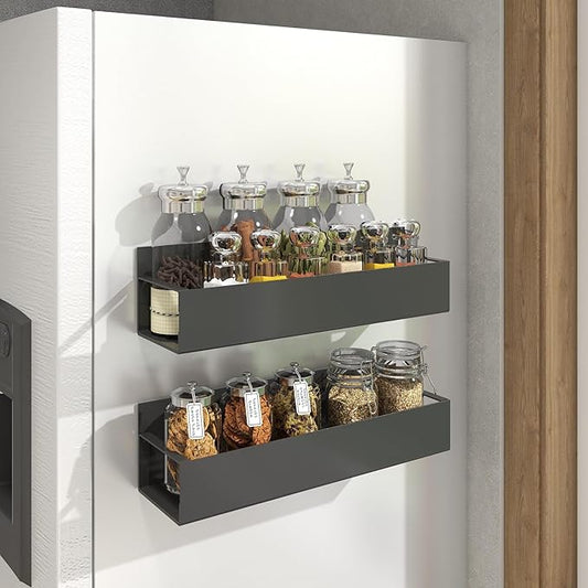 2 Pack Magnetic Spice Storage Rack Organizer for Refrigerator and Oven, Moveable Magnetic Spice Organizer, Black Metal Strong Magnetic Shelf for Fridge and Microwave Oven