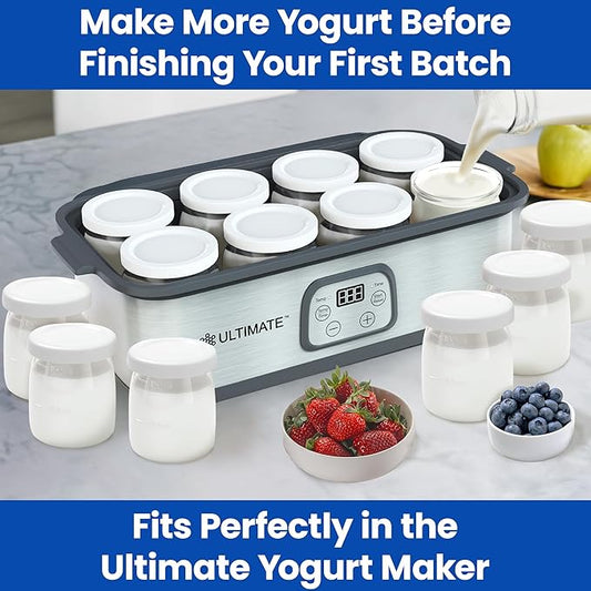 Ultimate Yogurt Jars - Make More Delicious Yoghurt! 8 Count Small Glass Yogurt Cups With Lids - 100% BPA Free, Airtight & Dishwasher Safe! Perfect Containers for Yoghurt, Oatmeal, Pudding, or Jello