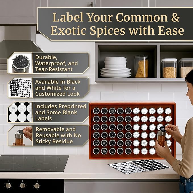 BOURBON & BARREL Wooden Spice Rack Organizer with Glass Jars | Stainless Steel Lids | Bamboo Countertop Spice Organization | 350 Waterproof Spice Labels | 2 Chalk Markers | 60 4oz Jars [Walnut]