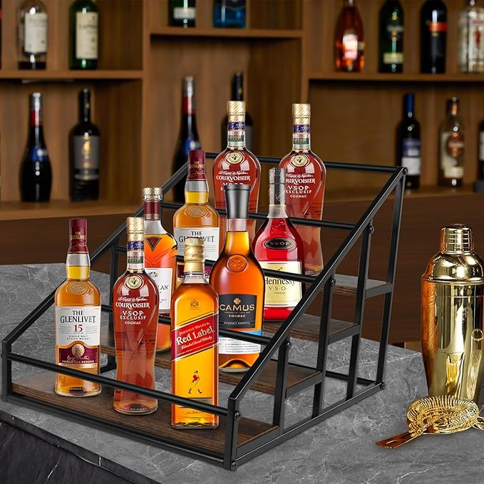Coffee Syrup Rack Organizer,Liquor Bottle Display Shelf,Water cup display stand,Spice Rack Kitchen Cabinet Organizer,Rustic Brown,2 Packs 4 Tier 16 Bottle Coffee Syrup Holder