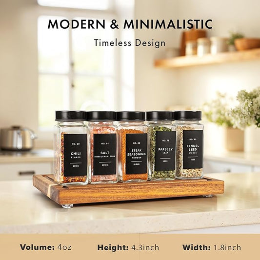 Glass Spice Jars with Label and Black Lids (24 x 4oz) Spice Containers with 240 Labels, Shaker Inserts, Steel Funnel, Empty Square Empty Square Seasoning Organizer