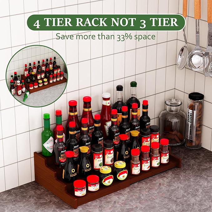 Spice Rack Organizer for Expandable 4-Tier, 2 Pack Adjustable Bamboo Spice Storage for Kitchen Cabinet, Pantry and Countertop Organization, Brown