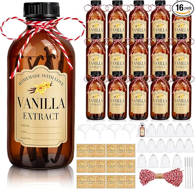 16Pcs 8 oz Amber Glass Bottle Boston Round Bottles for Vanilla Extract Homemade,Brown Vanilla Extract Bottles with Caps for Syrup Gift Glass Food Storage Canister and Sauce Beans