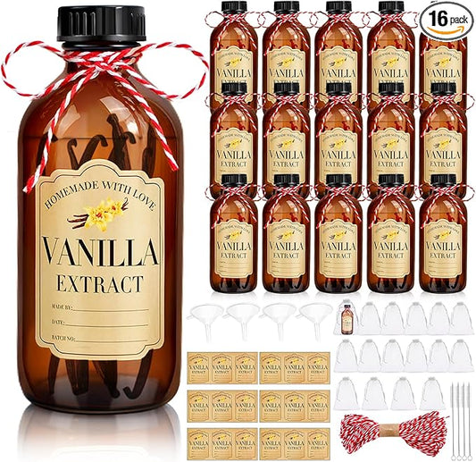 16Pcs 8 oz Amber Glass Bottle Boston Round Bottles for Vanilla Extract Homemade,Brown Vanilla Extract Bottles with Caps for Syrup Gift Glass Food Storage Canister and Sauce Beans