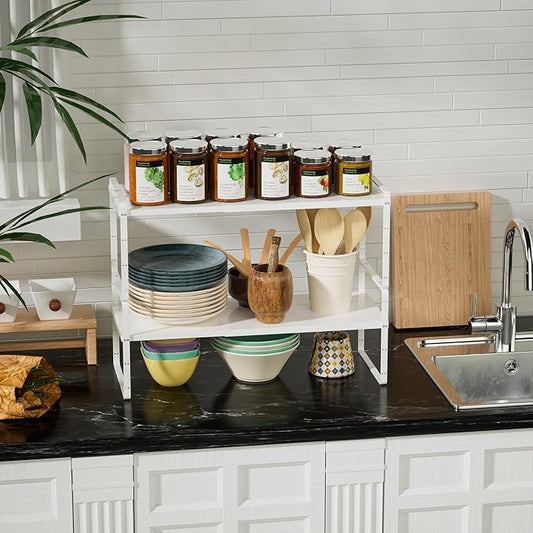 Cabinet Organizer Shelf Expandable Cabinet Spice Rack Stackable Shelves Adjustable Storage Shelf for Kitchen Pantry Countertop Cupboards Bathroom,White,8.07",2 Packs