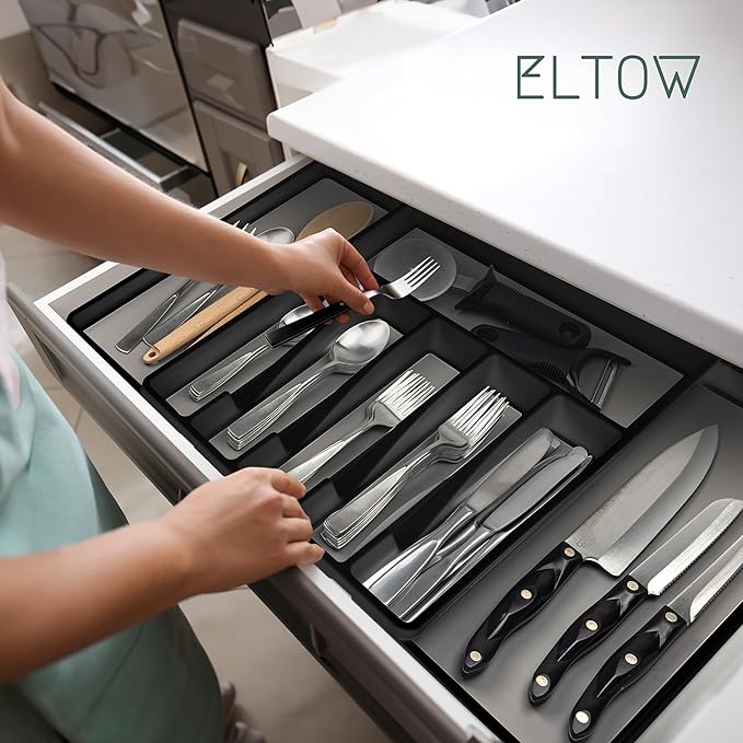 ELTOW Large Expandable Silverware Drawer Organizer, 8 Compartment Non-Slip & Adjustable Silverware Organizer for Drawer, Kitchen Organization for Utensils, Cutlery, Silverware Tray (Black)