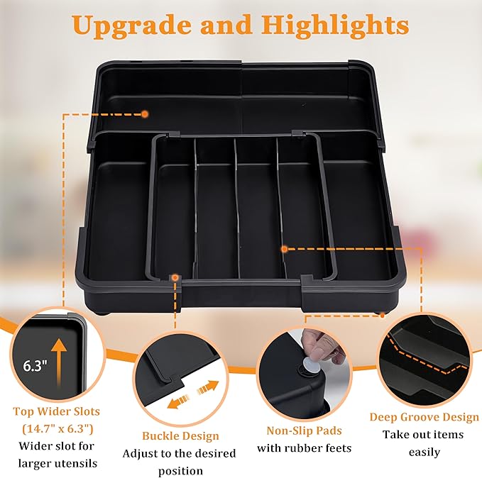 Homecor Silverware Organizer Expandable Kitchen Drawer Organizer with 7 Slots, Adjustable Cutlery Utensil Drawer Organizer, Kitchen Utensil Storage Tray for Forks Knives Spoons, Anti-Slip, Black