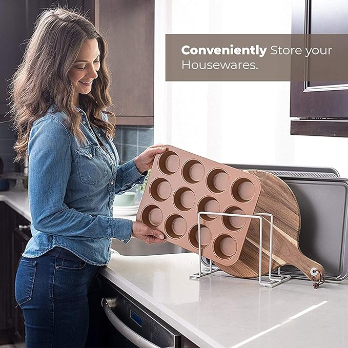 Stock Your Home White (2 Pack) Steel Baking Pan Organizer Rack for Cabinet or Counter, Holder for Kitchen Cutting Boards, Pot Lids, or Cookie Sheets - Rust Proof Wire, Drying Storage