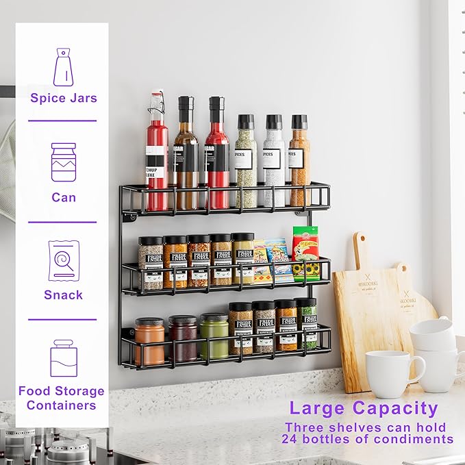 SUFAUY 2pcs Wall Spice Rack for Kitchen, 3 Tier Pantry Door Spice Rack Organizer Wall Mount, Black