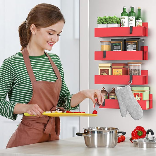 6-Piece Extra-Large Capacity Magnetic Spice Rack for Refrigerator, Red
