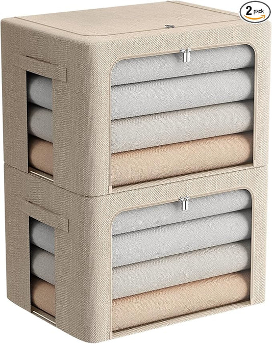 2 Pack Clear Window Storage Bins Large Foldable Fabric Storage Bins Boxes for Clothes Stackable Box Organizer Set with Carrying Handles (Beige, 19.7x 15.7x 12.5 Inch)