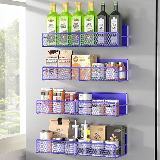Magnetic Spice Rack for Refrigerator, 4 Pack Metal Magnetic Shelf, Super Magnetic Spice Organizer, Moveable Space Saving Shelf, Durable Home Kitchen Organization and Storage Racks, Purple Blue
