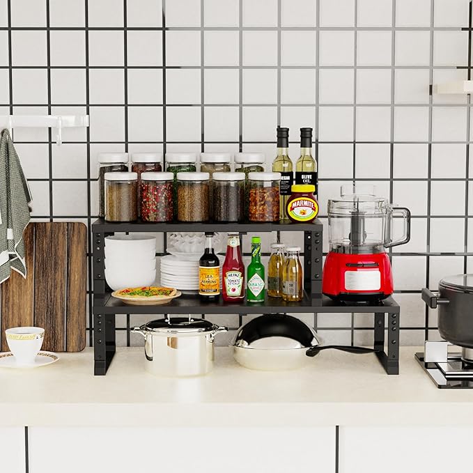 Expandable Stackable Spice Rack Organizer for Kitchen Cabinet,Adjustable Counter Shelf, countertop, Pantry,Cupboard,Bathroom,Bedroom(1Pack/Black/Medium)