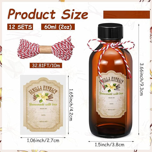 Uiifan 12 Pack Amber Glass Bottle Boston Round Bottles with Caps Brown Vanilla Extract Jars and 12 Pcs Vanilla Extract Stickers for Syrup Gift Glass Jar Food Storage Canister Set Sauce Beans(2 oz)