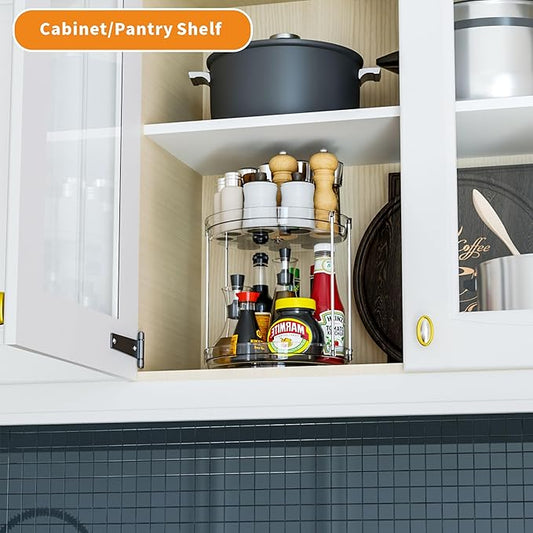 9.8" Tall 2 Tier Lazy Susan Organizer for Countertop,Cabinet and Pantry Shelf,Double Clear Spice Turntable & Rotating Spice Rack Organization and Vitamin & Medicine Cabinet Organizers Carousel