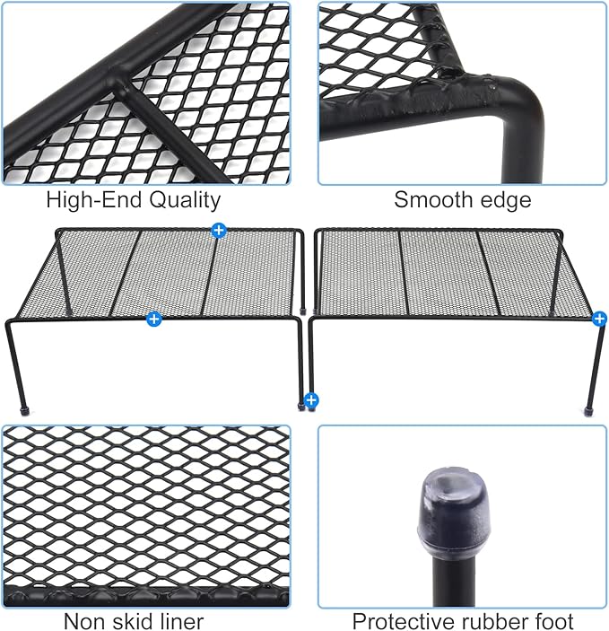 Set of 4 Mesh Kitchen Shelves Cabinet Storage Shelf Rack (13.1 x 10.2 Inch) ，Kitchen Bathroom Pantry Cupboard Desk Home Office, Fridge, Cabinet, Bathroom Cupboard, Non-slip Plastic Feet (Black)
