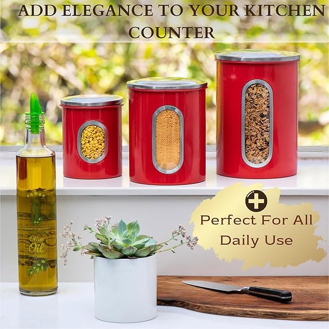 Mixpresso 3-Piece Red Canister Set - Airtight Coffee & Tea Organizer with See-Through Window, Sugar Canister - Kitchen Decor