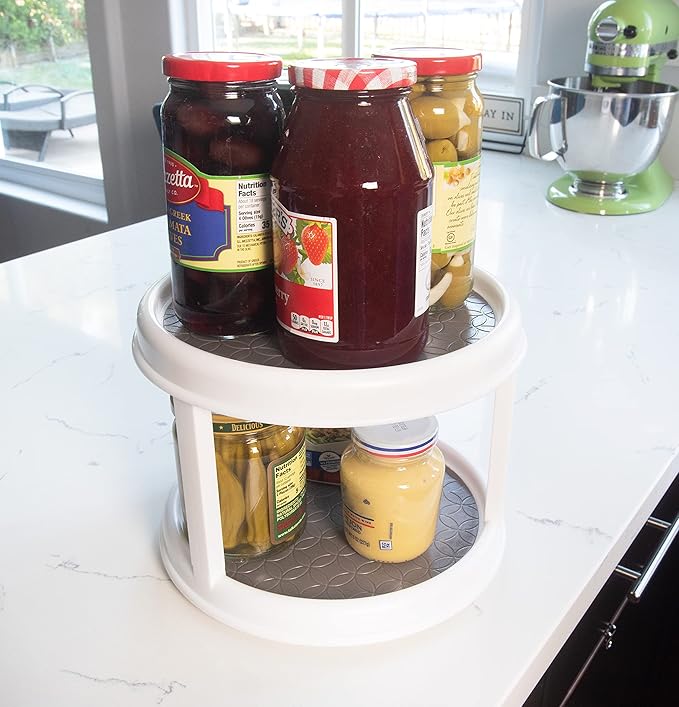 Kitchen Spaces Two-Tier Lazy Susan Organizer, Cabinet Turntable Shelf Storage for Kitchen and Pantry Items, Great for Spices or Condiments, Non-Skid, Sturdy with Full Spin, White