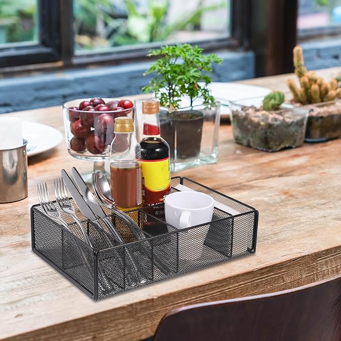Paper Plate Organizer for Countertop, Metal Utensil Silverware Caddy for Kitchen Cabinets Cutlery Holder Flatware Dispenser Storage Box for Plastic Spoon Fork Plates Napkins Cup Party Buffet Picnic