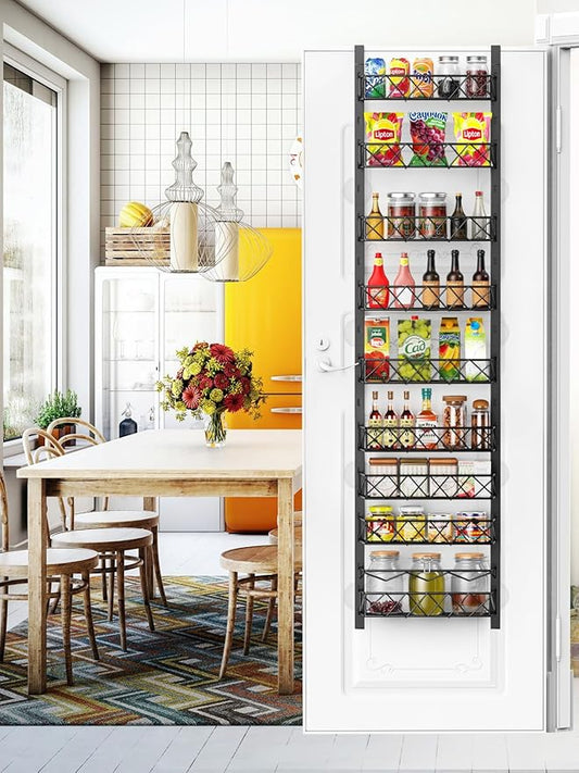 Over the Door Pantry Organizer, 9-Tier Pantry Door Organizer with Adjustable Basket, Metal Spice Rack Storage for Kitchen Pantry Black