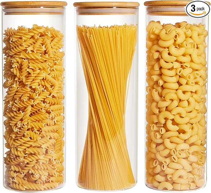 Vtopmart 70oz Glass Food Storage Jars, 3 Pack Large Kitchen Containers with Airtight Bamboo Wooden Lids for Pasta, Nuts, Flour, Canisters Set for Cereal, Pantry Organization, BPA Free