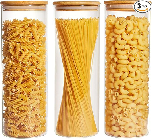 Vtopmart 70oz Glass Food Storage Jars, 3 Pack Large Kitchen Containers with Airtight Bamboo Wooden Lids for Pasta, Nuts, Flour, Canisters Set for Cereal, Pantry Organization, BPA Free